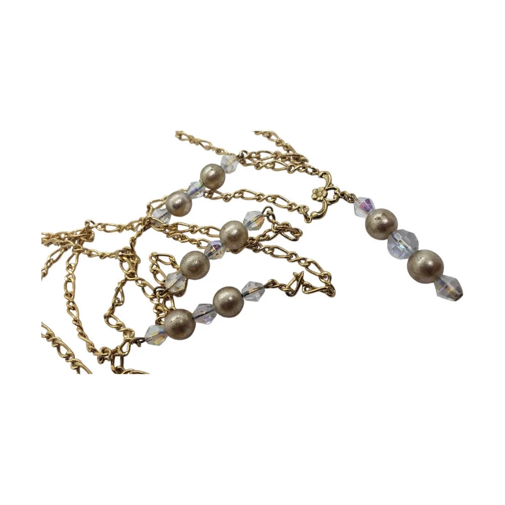 Vintage Gold Tone Chain Necklace Faux Pearl Aurora Borealis Crystal Beads LONG